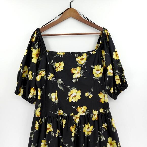 Teri Jon By Rickie Freeman Midi Dress 16 Black Yellow Roses Tiered Summer - Picture 5 of 16